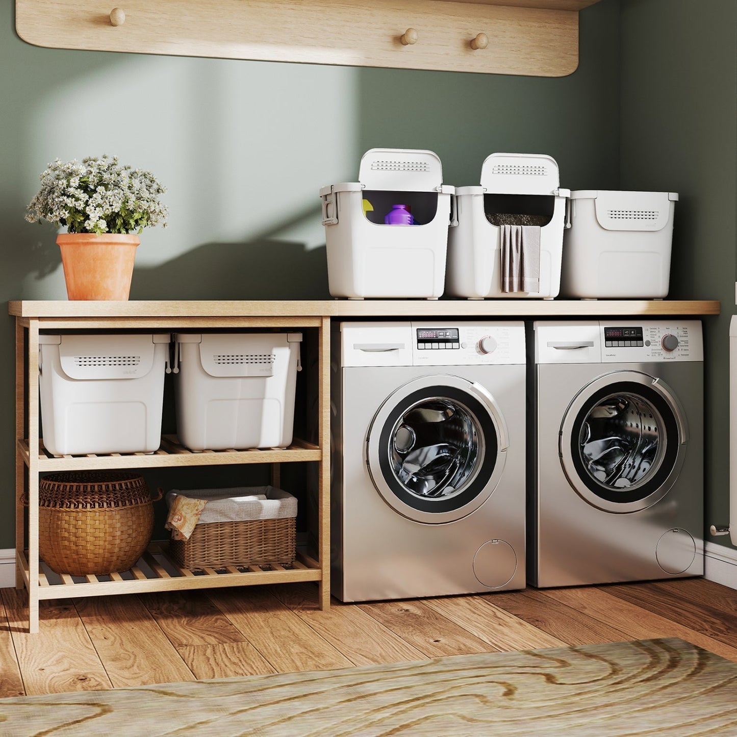 3 Pieces Plastic Storage Bins Stackable with Front Door and Side Handles-White