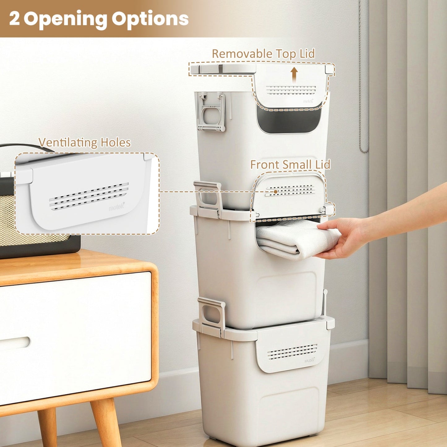 3 Pieces Plastic Storage Bins Stackable with Front Door and Side Handles-White