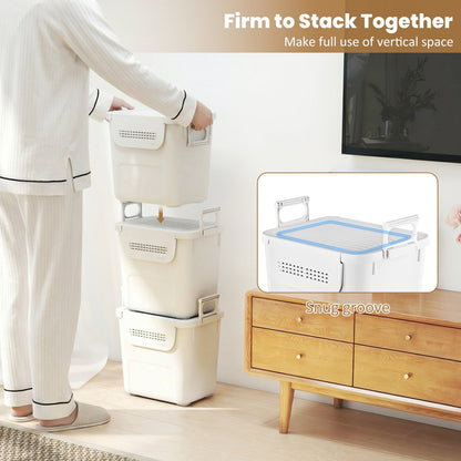 3 Pieces Plastic Storage Bins Stackable with Front Door and Side Handles-White
