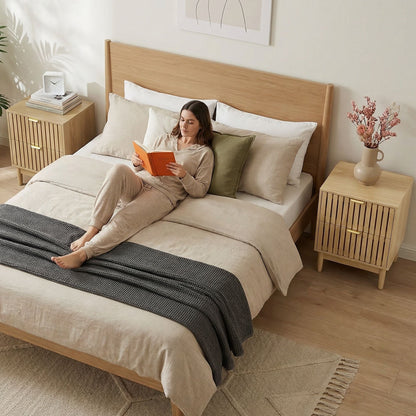 Bedside Table With Grille Design And 2 Drawers, Side Table For Bedroom - Oak