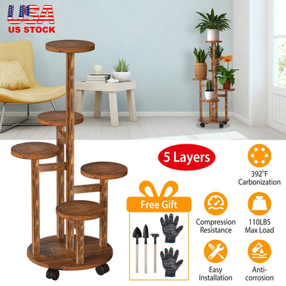 5 Tier Plant Stand with 4 Detachable Wheels Wooden Plant Pot Rolling Shelf Plant Display Rack for Indoor Outdoor Decoration