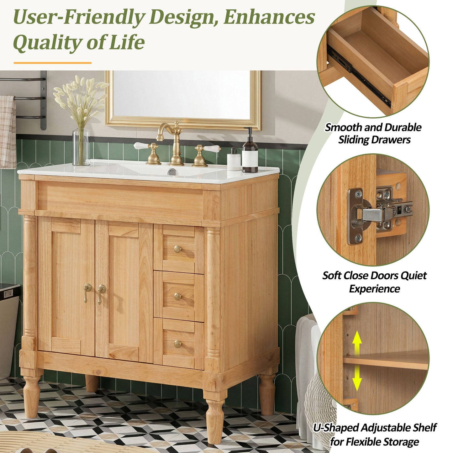 Modern Bathroom Vanity With Ceramic Sink, Soft Close Doors, Adjustable Shelves