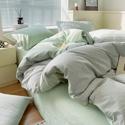 Cotton Dyed Washed Cotton Bedding Set Pure Cotton A Class Flat Sheet Quilt Cover Fitted Sheet Quilt Cover Three-Piece Set Striped