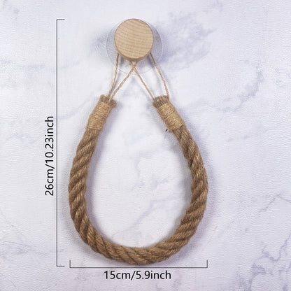 Wooden Hook Seamless Adhesive No Drilling Handmade Woven Hemp Rope Towel Rack Tissue Holder Bathroom Toilet