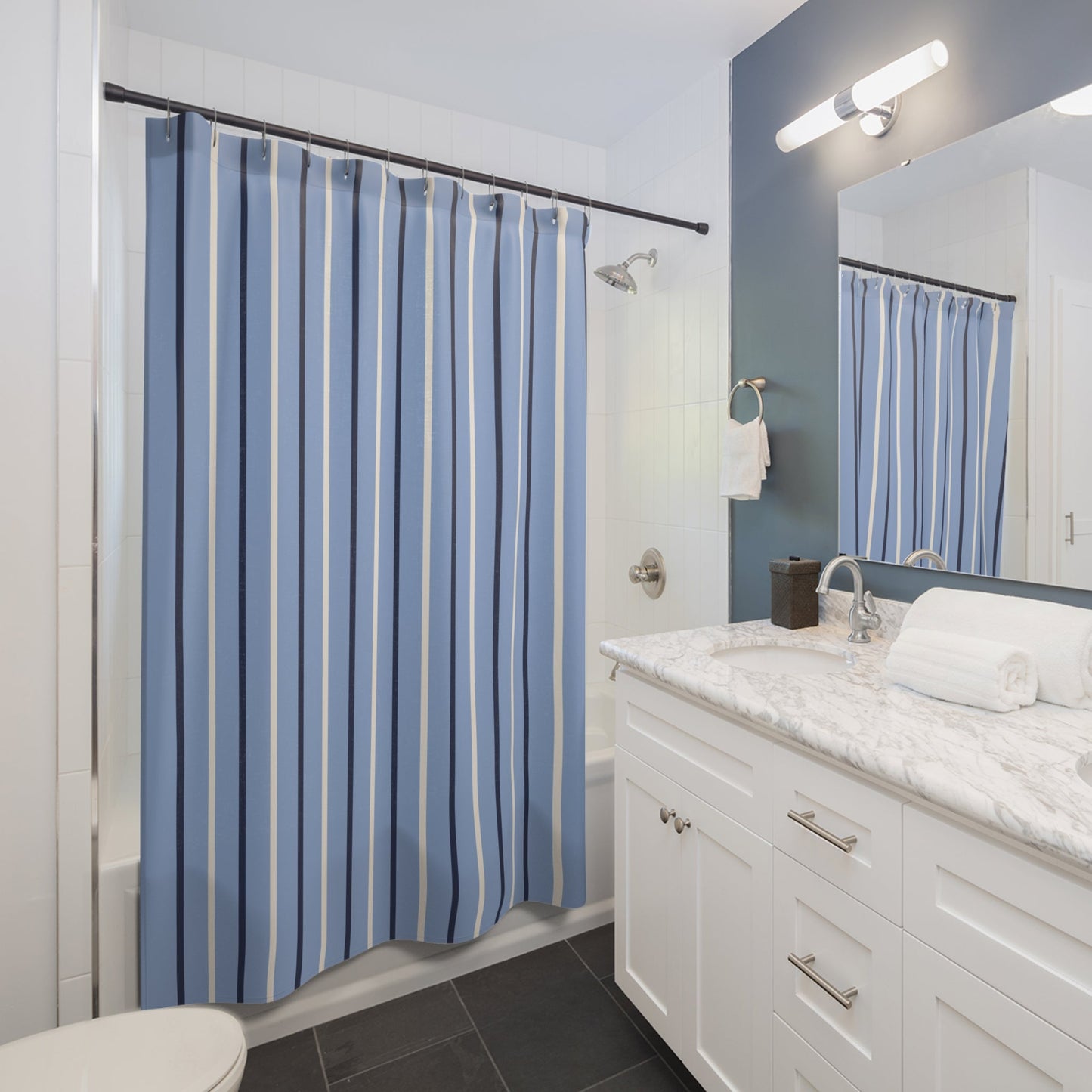 Elegant Slate Blue Stripe Shower Curtain – Coastal Modern Bathroom Decor
