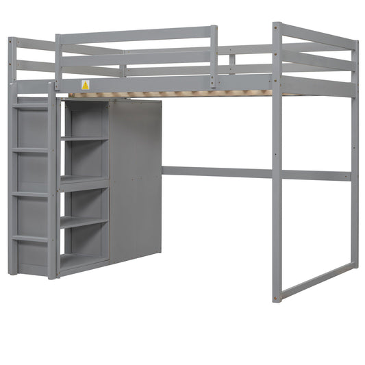Loft Bed With Built In Wardrobe, Storage Shelves, And LED Light