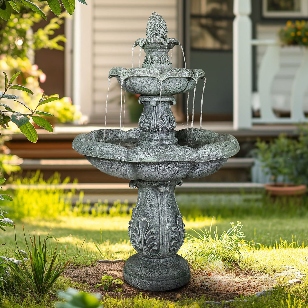 Concrete Pedestal Fountain Ornate 3 Tier Outdoor