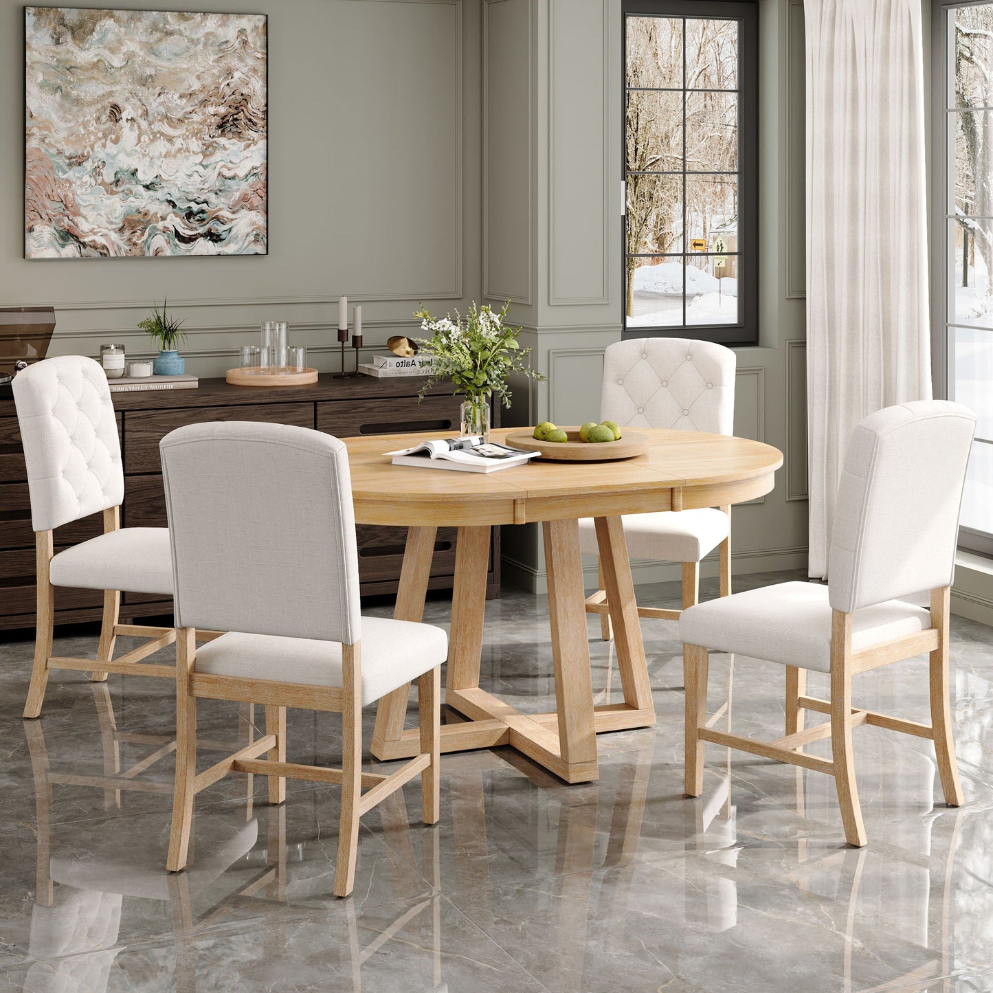 Dining Set With Leaf Round Table And 4 Upholstered Chairs