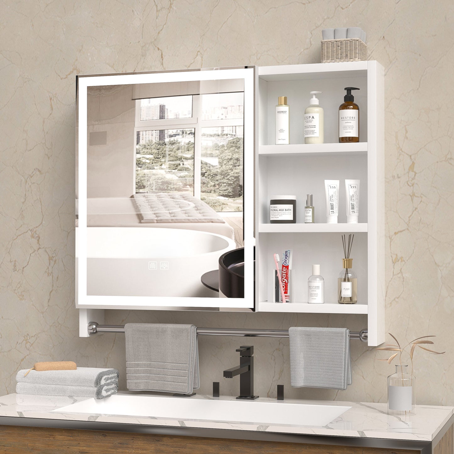 Modern 32x28 inch bathroom storage cabinet with mirrors, LED lights, multi-layer storage compartments, and towel racks