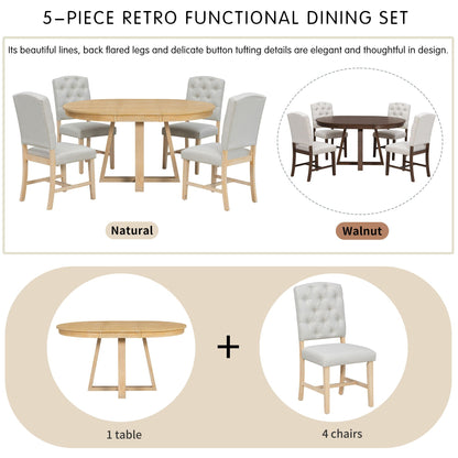 Dining Set With Leaf Round Table And 4 Upholstered Chairs