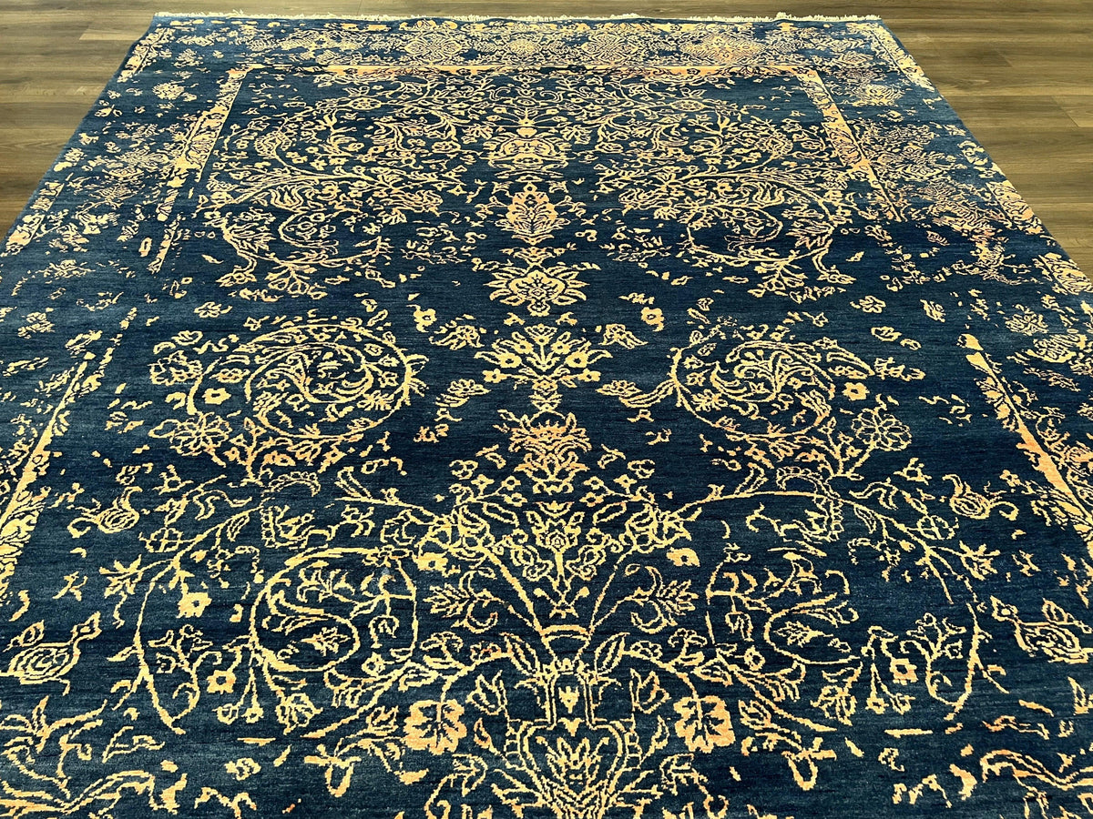 Area Rug 8x10 High Quality Handmade Oriental Carpet, Modern Contemporary Rug, Rug for Living Room, Wool Rug, Blue and Gold, Pakistani Rug