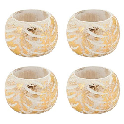 Fennco Styles Distressed Foil Print Design Wood Napkin Rings, Set of 4 - Silver Decorative Napkin Holders for Home, Dining Room, Banquet, Family Gathering, Holiday and Special Occasion