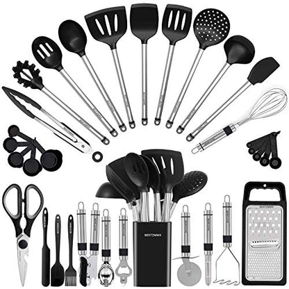 Kitchen Utensil Set-Silicone Cooking Utensils-33 Kitchen Gadgets & Spoons for Nonstick Cookware-Silicone and Stainless Steel Spatula Set-Best Kitchen Tools, Useful Pots