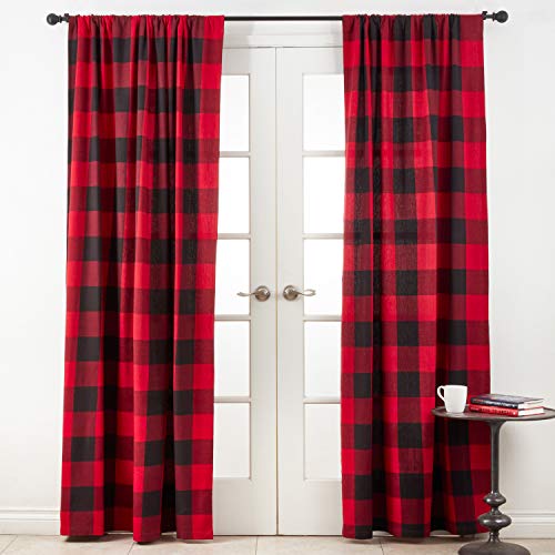 Buffalo Plaid Home Décor 100% Pure Cotton Rod Pocket Window Curtain Single 1 Panel for Bedroom, Living Room, Patio Door Backing Sliding Glass Door Drape, 54 Inches W x 84 Inches L, Red-Black