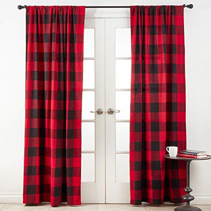 Buffalo Plaid Home Décor 100% Pure Cotton Rod Pocket Window Curtain Single 1 Panel for Bedroom, Living Room, Patio Door Backing Sliding Glass Door Drape, 54 Inches W x 84 Inches L, Red-Black