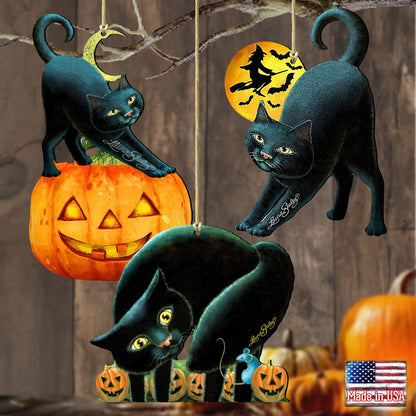 Halloween Wooden Ornaments-Spooky Cats-Set of 3 by G. DeBrekht - Thanksgiving Halloween Decor - 8100188S3
