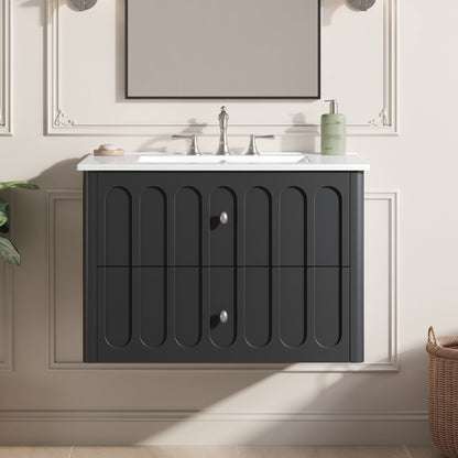 Floating Bathroom Vanity With Oval Knobs & Round Edge, Soft Close Drawer Slides