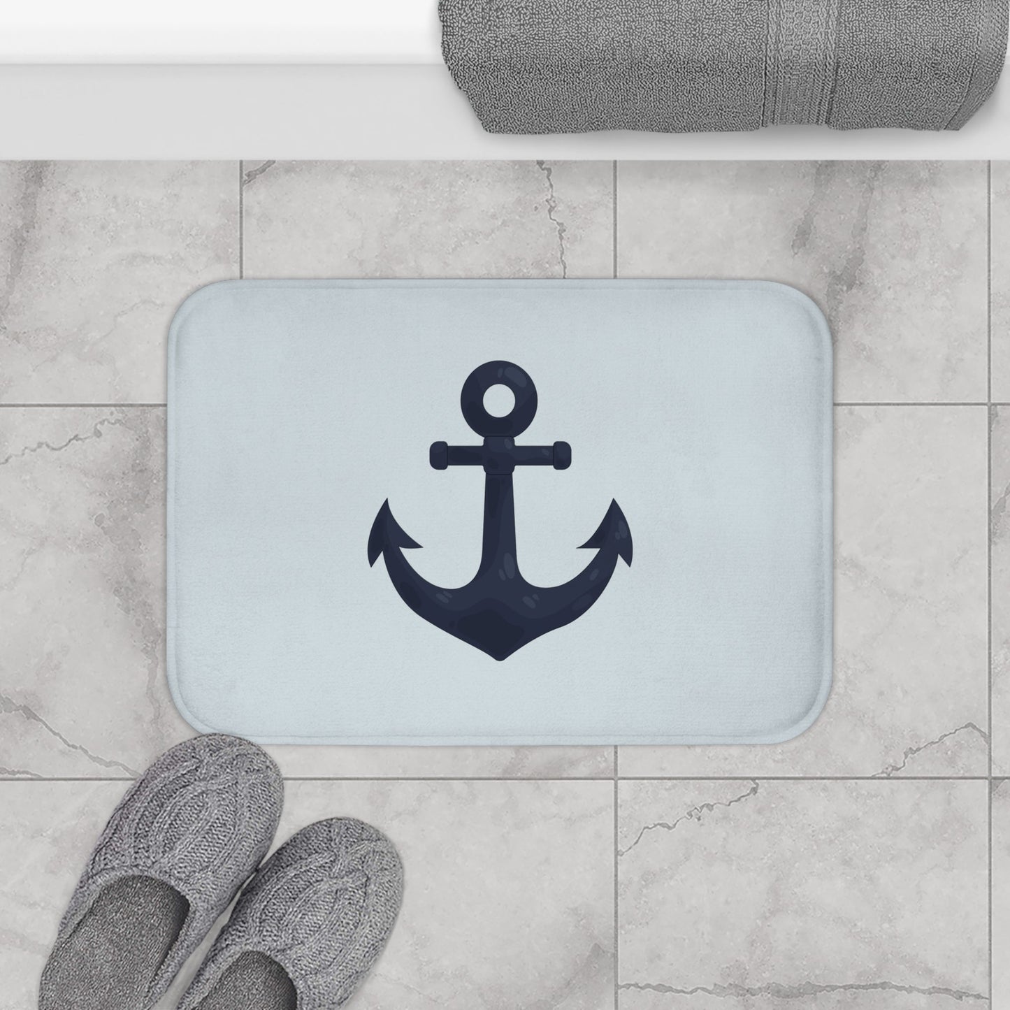 Elegant Nautical Anchor Bath Mat — Coastal Pale Blue Bathroom Rug