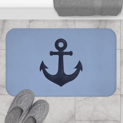 Nautical Anchor Bath Mat — Coastal Slate Blue Bathroom Rug