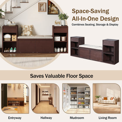 Entryway Storage Bench With Cushion, Drawers & Open Shelves