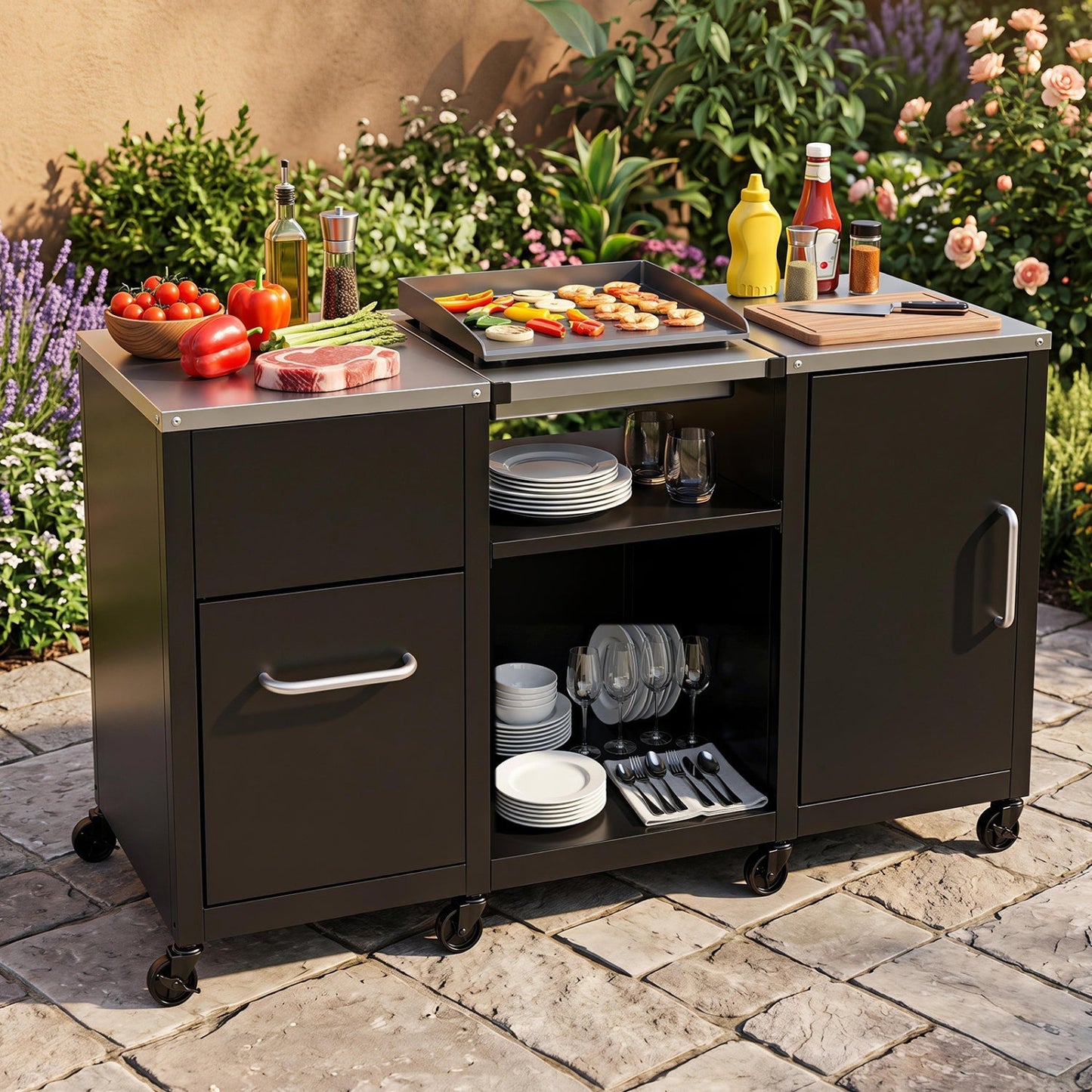 Outdoor Grill Table 59" with Removable Shelves & Storage