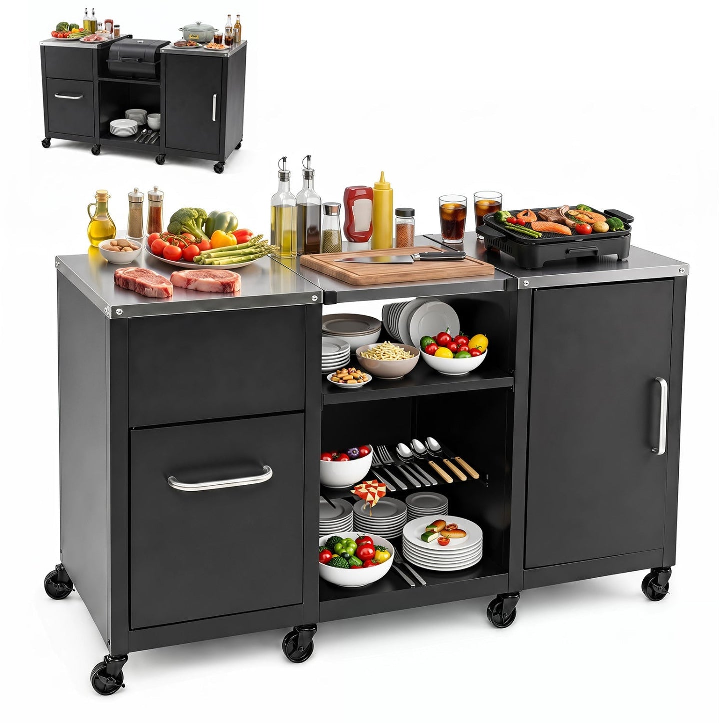 Outdoor Grill Table 59" with Removable Shelves & Storage