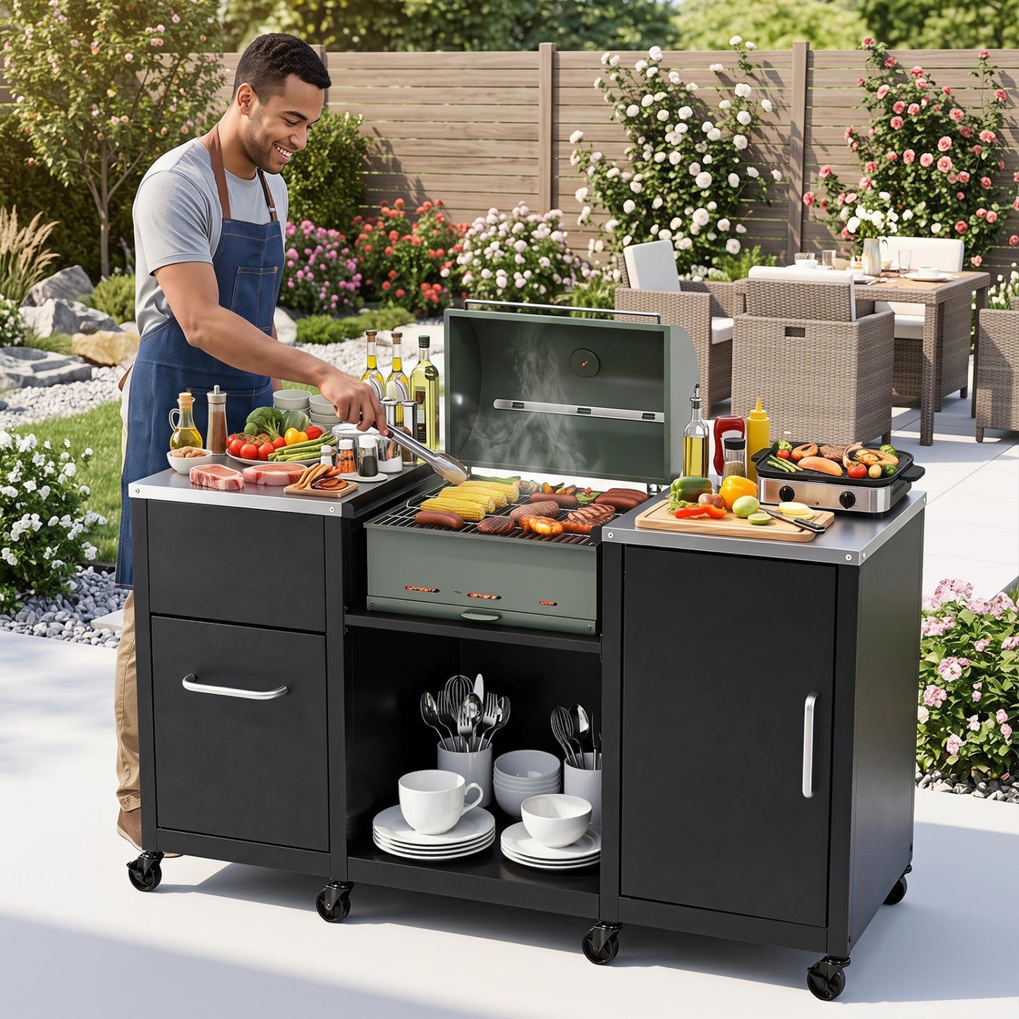 Outdoor Grill Table 59" with Removable Shelves & Storage