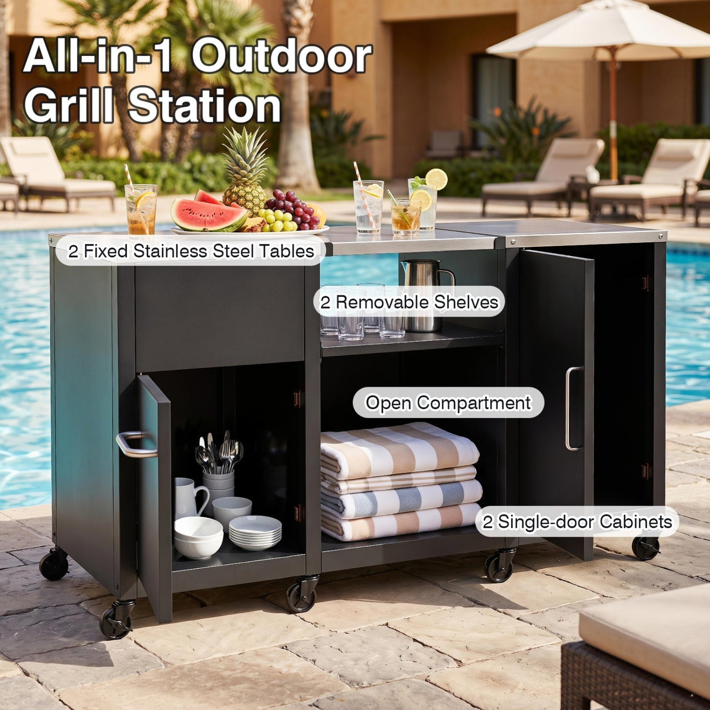 Outdoor Grill Table 59" with Removable Shelves & Storage