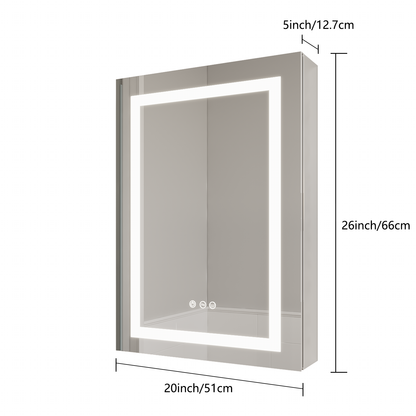 26x20 inch Bathroom Medicine Cabinet with LED Mirror, Anti-Fog, Waterproof3000K~6000K Single Door Lighted Bathroom Cabinet with Touch SwichDimmable Recessed or Surface Mount (Right Door)