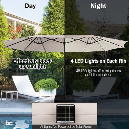 15 Feet Twin Patio Umbrella with 48 Solar LED Lights
