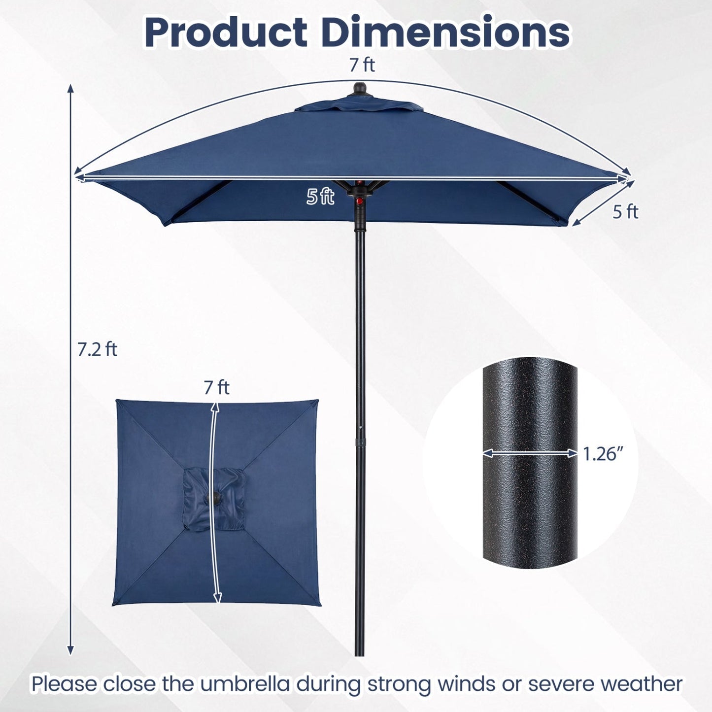 5 Foot Square Patio Market Umbrella with 4 Ribs