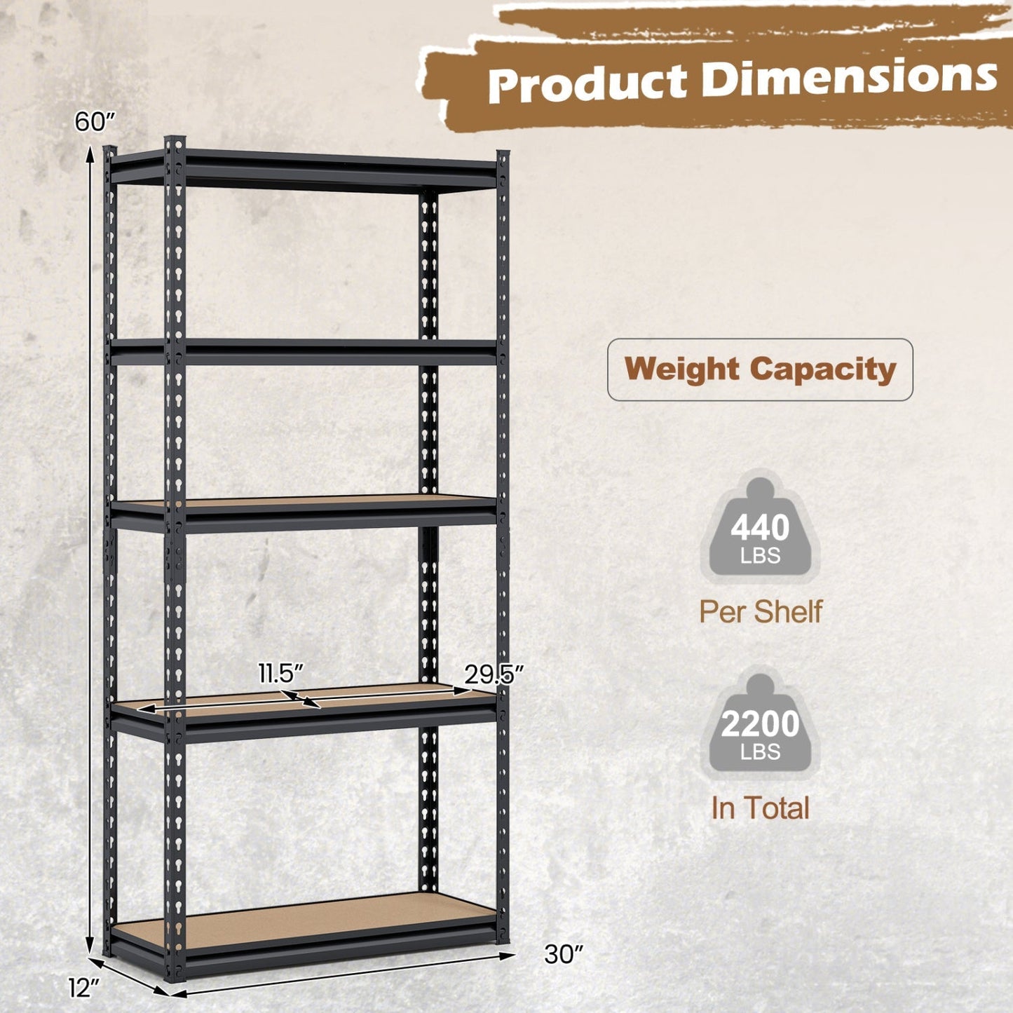 5-Tier Garage Shelving Unit 2200 LBS Heavy Duty Metal Storage Shelves