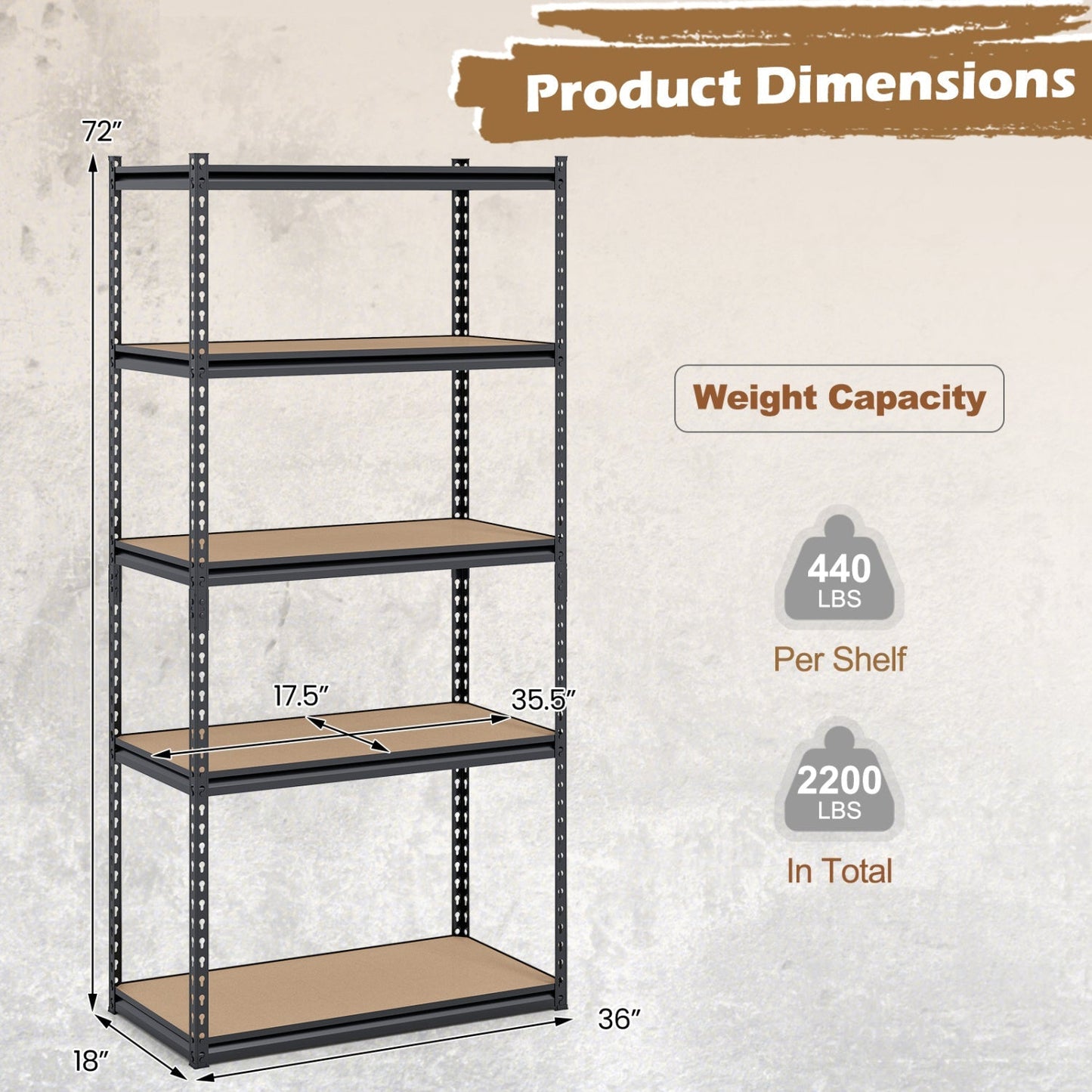 5-Tier Garage Shelving Unit 2200 LBS Metal Storage Shelves Adjustable Utility Rack