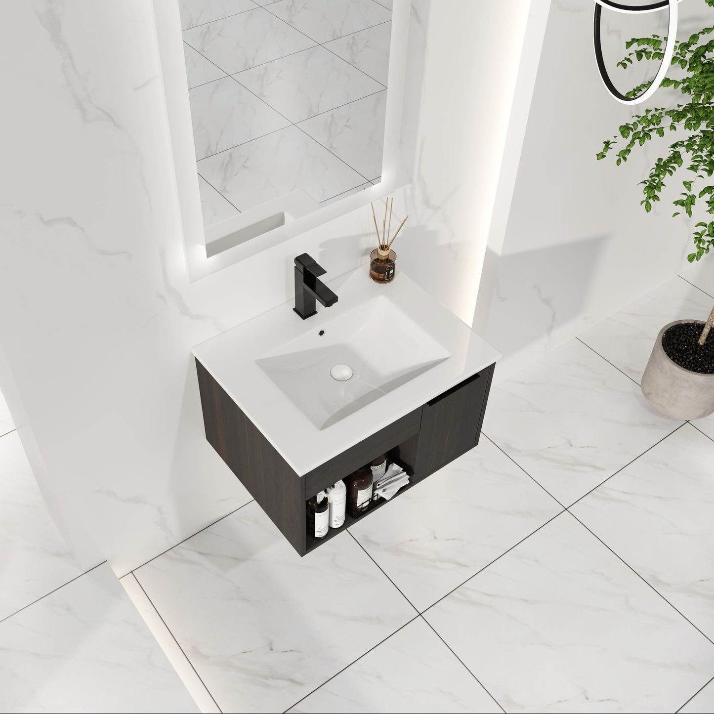 Wall Mounted Floating Bathroom Vanity With Open Shelf & Soft Close Door