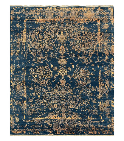 Area Rug 8x10 High Quality Handmade Oriental Carpet, Modern Contemporary Rug, Rug for Living Room, Wool Rug, Blue and Gold, Pakistani Rug