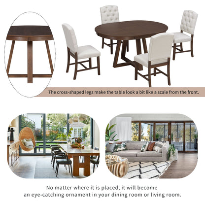 Dining Set With Leaf Round Table And 4 Upholstered Chairs