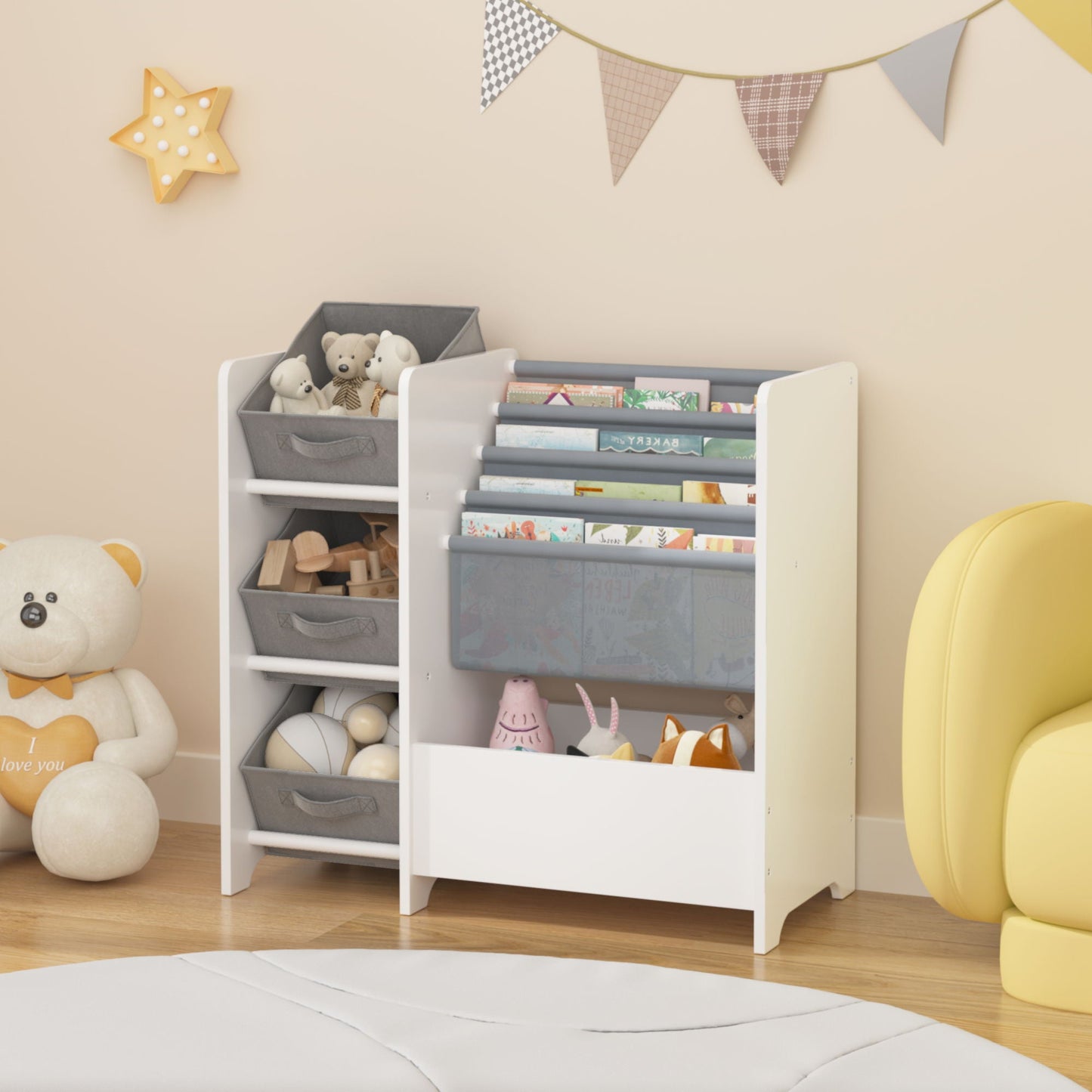 Bookshelf And Toy Storage Organizer, Multifunctional 4 Tier With 3 Collapsible Drawers - White