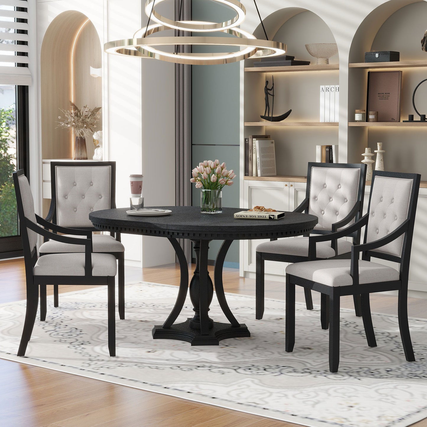 5 Piece Dining Set Extendable Round Table And 4 Chairs - Black / Oak