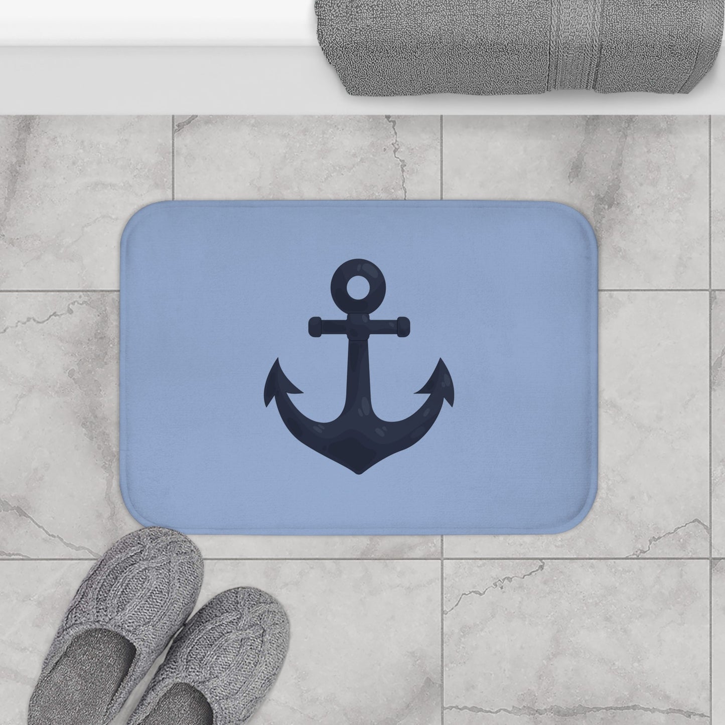 Nautical Anchor Bath Mat — Coastal Slate Blue Bathroom Rug