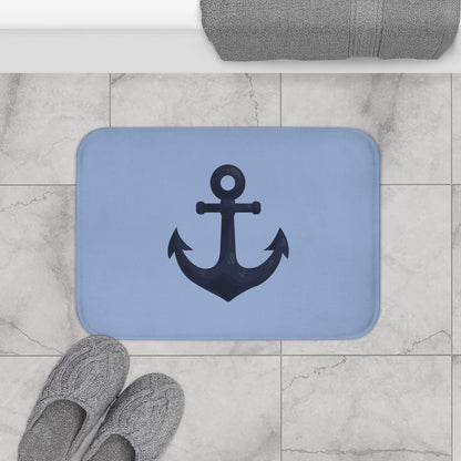 Nautical Anchor Bath Mat — Coastal Slate Blue Bathroom Rug