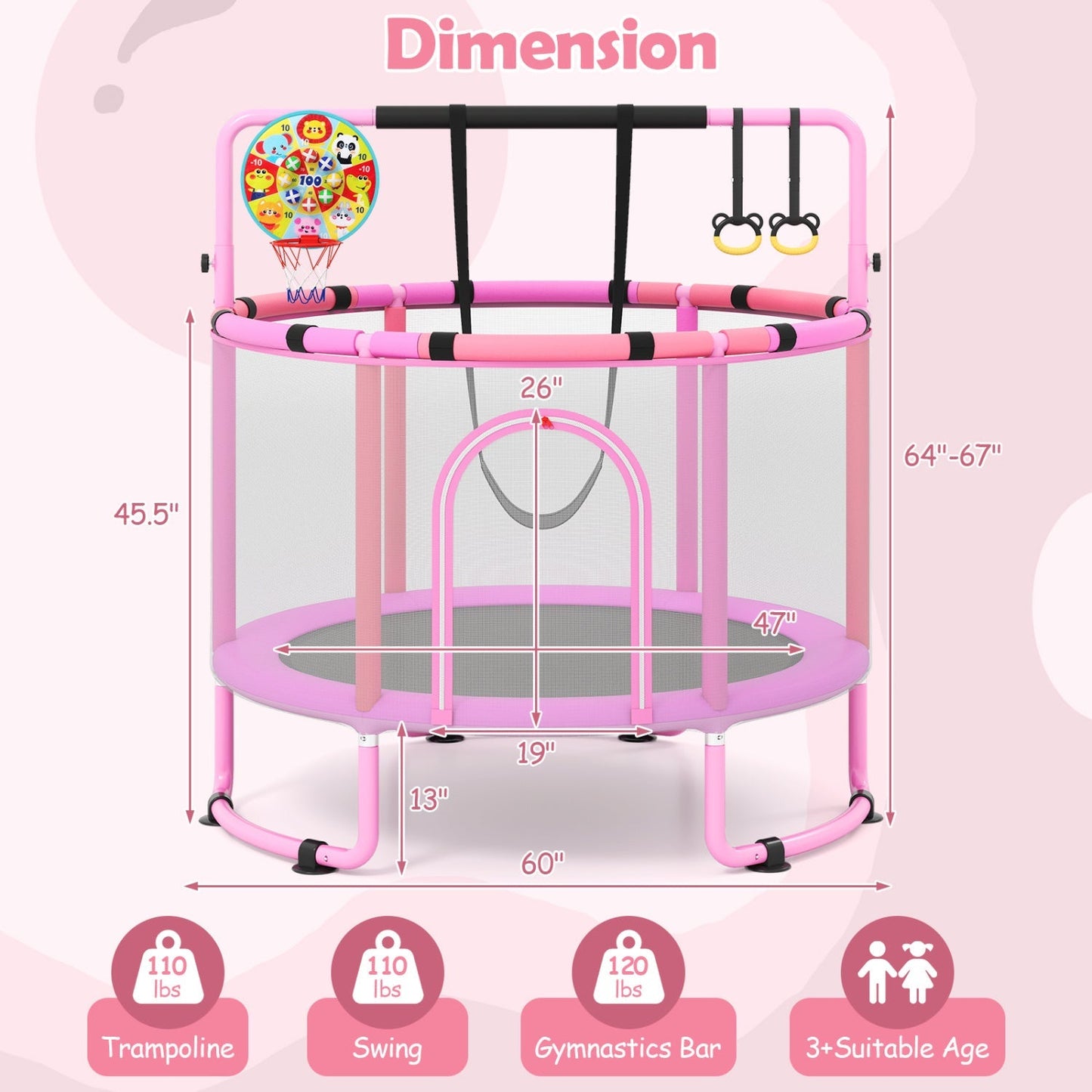 60-Inch Kids Trampoline with Adjustable Gymnastics Bar