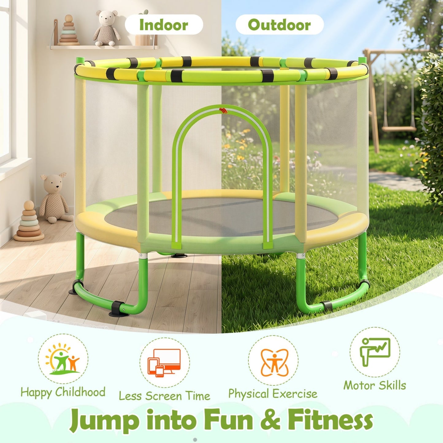 60-Inch Kids Trampoline with Adjustable Gymnastics Bar