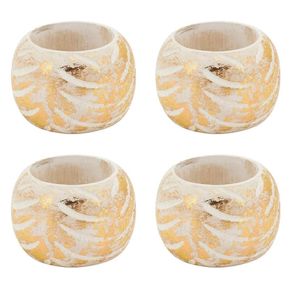 Fennco Styles Distressed Foil Print Design Wood Napkin Rings, Set of 4 - Silver Decorative Napkin Holders for Home, Dining Room, Banquet, Family Gathering, Holiday and Special Occasion