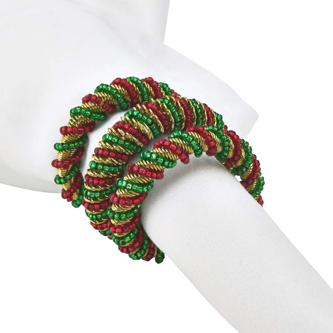 Fennco Styles Hand Beaded Spiral Metal Napkin Rings, Set of 4 - Glass Beads Napkin Holders for Home, Dining Room, Banquet, Family Gathering, Holiday Décor and Special Occasion