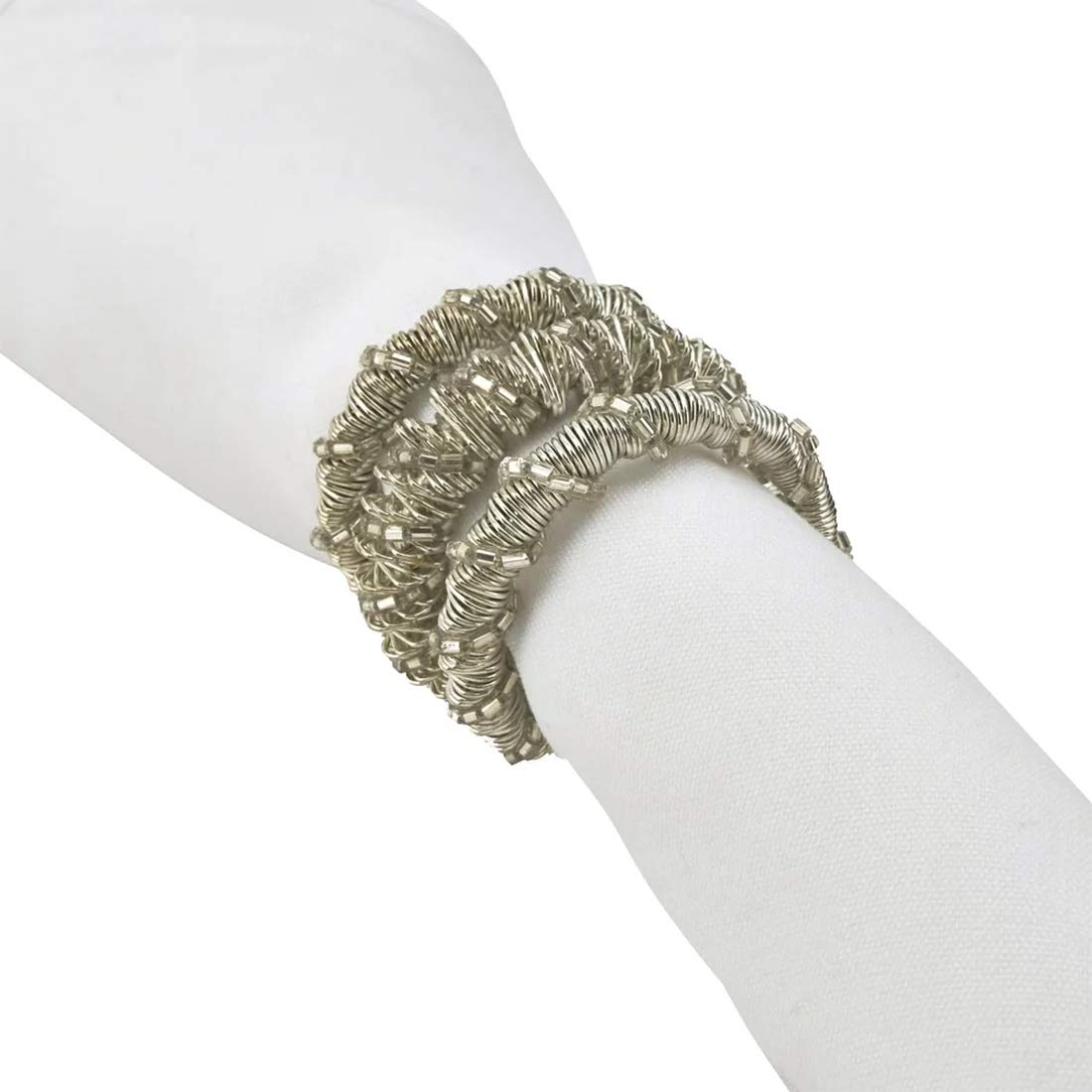 Fennco Styles Hand Beaded Spiral Metal Napkin Rings, Set of 4 - Glass Beads Napkin Holders for Home, Dining Room, Banquet, Family Gathering, Holiday Décor and Special Occasion