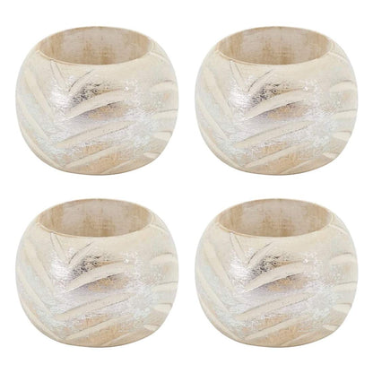 Fennco Styles Distressed Foil Print Design Wood Napkin Rings, Set of 4 - Silver Decorative Napkin Holders for Home, Dining Room, Banquet, Family Gathering, Holiday and Special Occasion