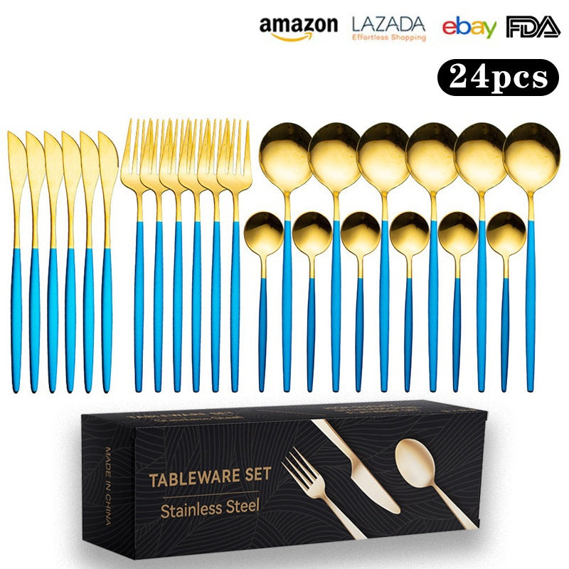 Cutlery Set Stainless Steel Knife Fork Set 24-Piece Tableware Set Golden Steak Knife Fork Spoon 6-Person Set