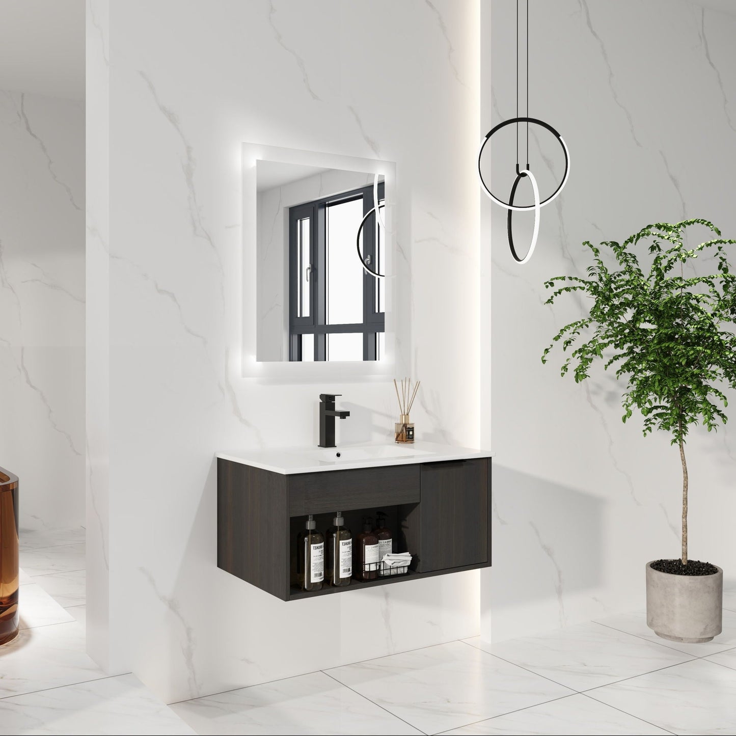 Wall Mounted Floating Bathroom Vanity With Open Shelf & Soft Close Door