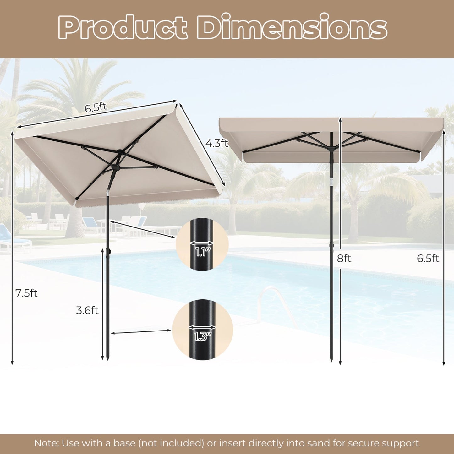 Rectangular Patio Umbrella 6.5 x 4.3 Ft with Tilt Adjustment