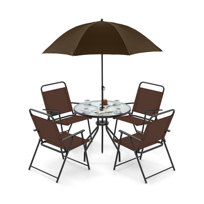 6 Pieces Patio Dining Set Folding Chairs Glass Table Tilt Umbrella for Garden